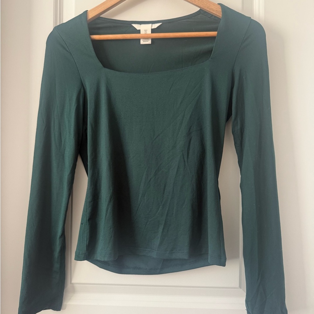 Green Square Neck Long Sleeve Top